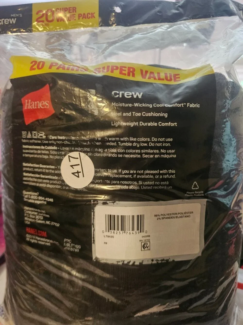 Hanes Super Value Pack 20 Pair Crew Socks Black Wicking Comfort Size 6-12